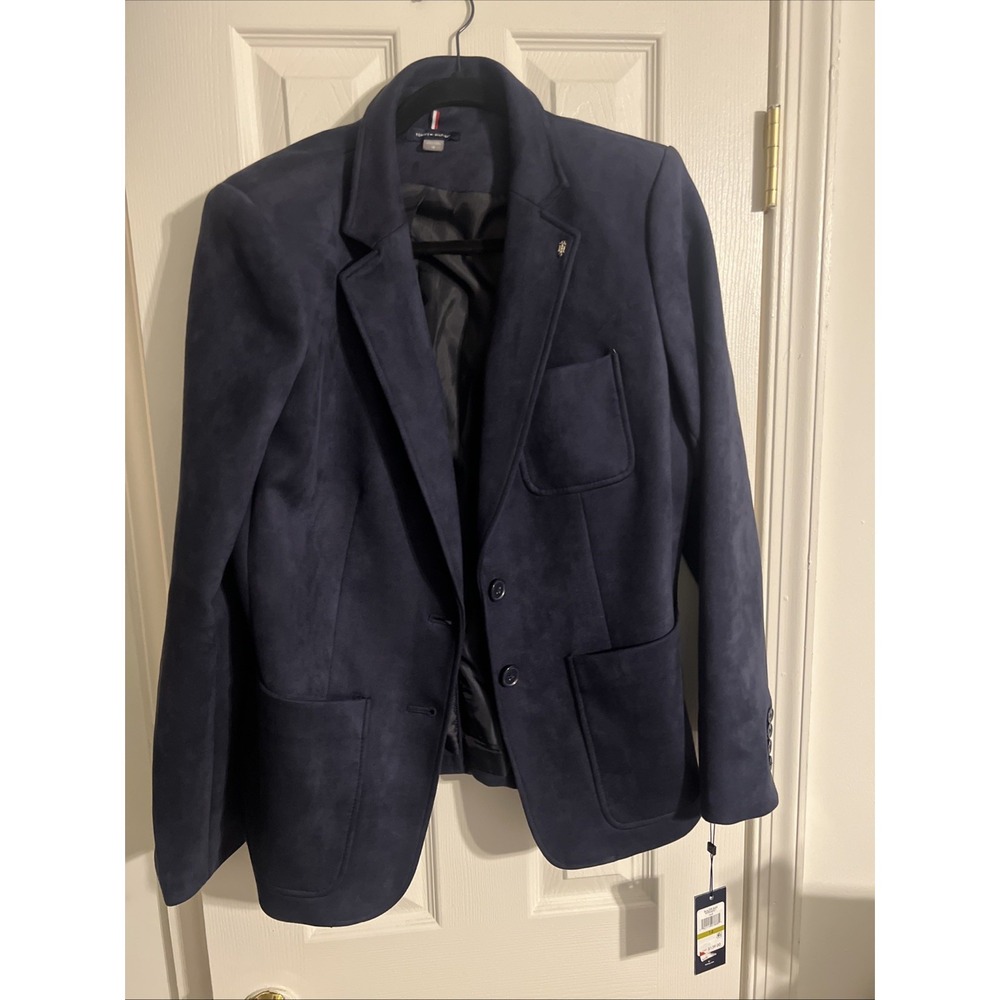 Tommy Hilfiger Faux Suede Blazer Jacket Blue Lined Pockets Buttons Size 14 NWT